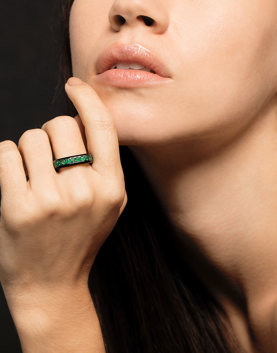 GRAZIELA-Emerald and Black Enamel Square Ring-WHITE GOLD