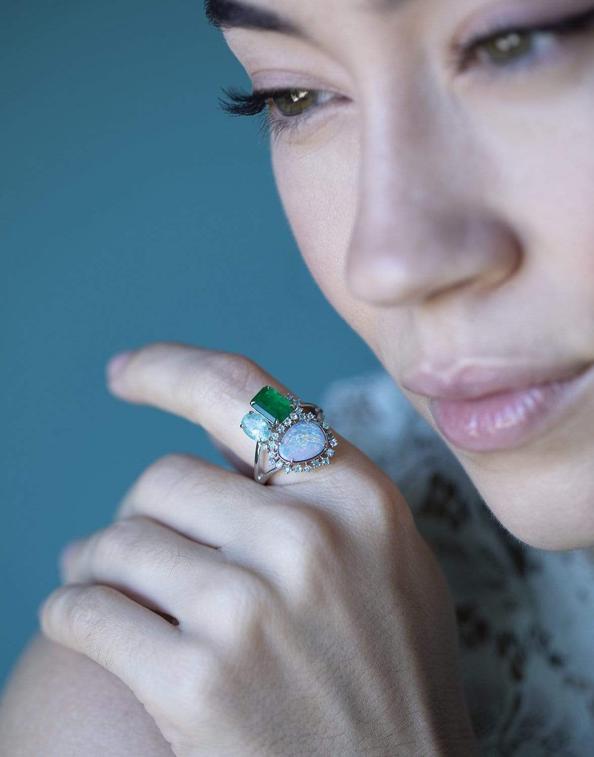 GRAZIELA-Emerald , Opal and Tourmaline Trio Ring-WHITE GOLD