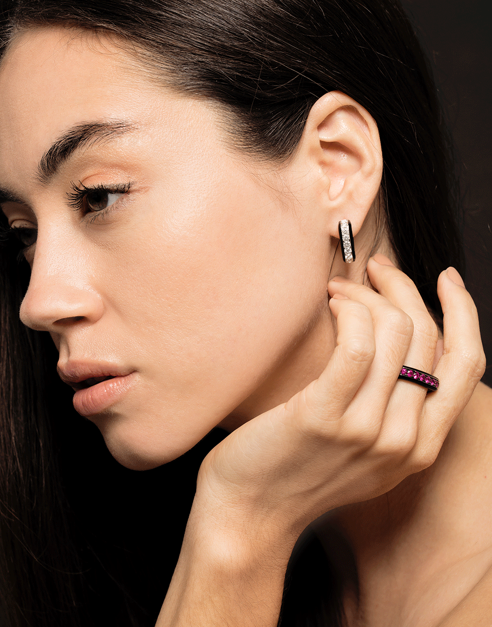 GRAZIELA-Ruby and Black Enamel Square Ring-WHITE GOLD