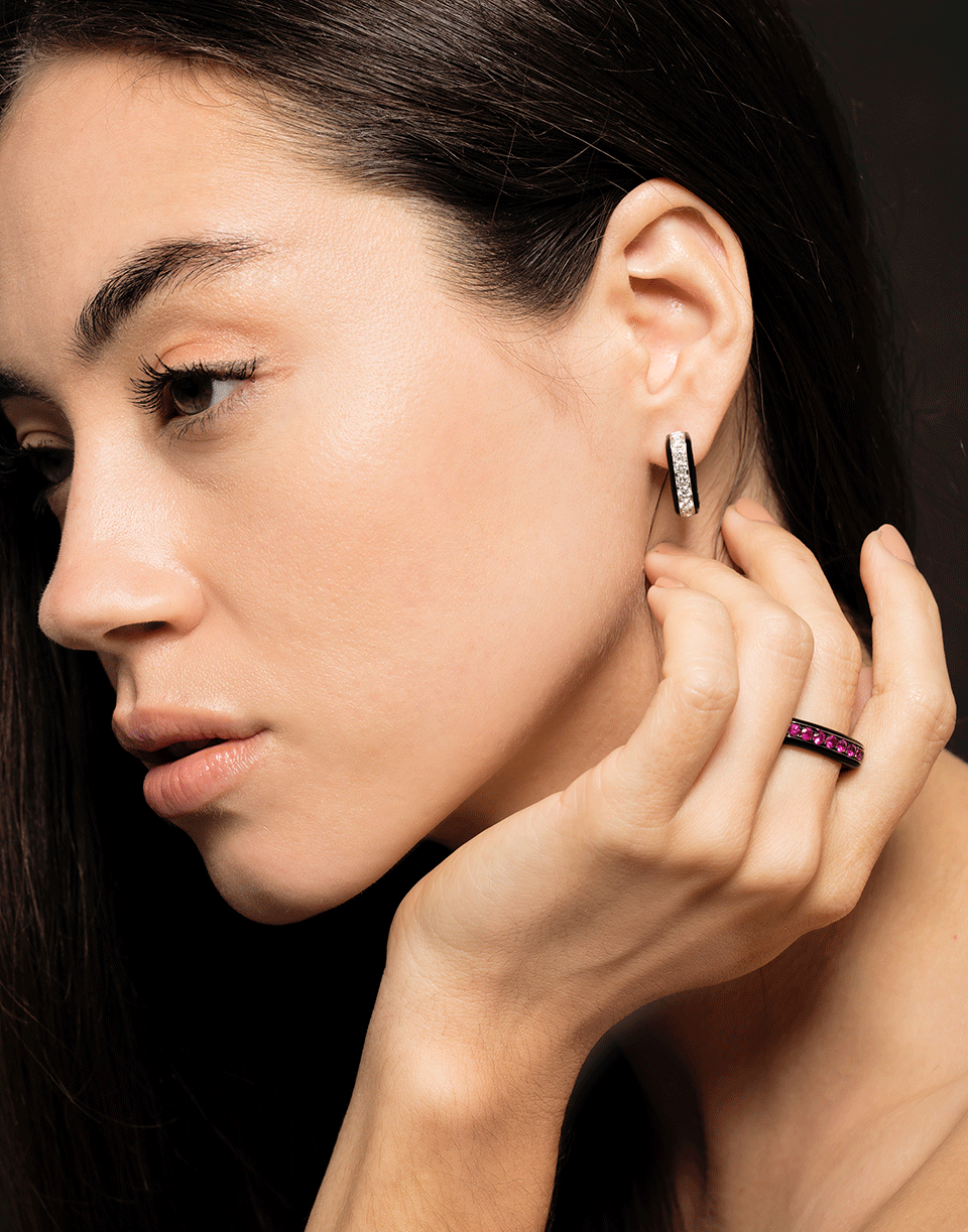 GRAZIELA-Ruby and Black Enamel Square Ring-WHITE GOLD