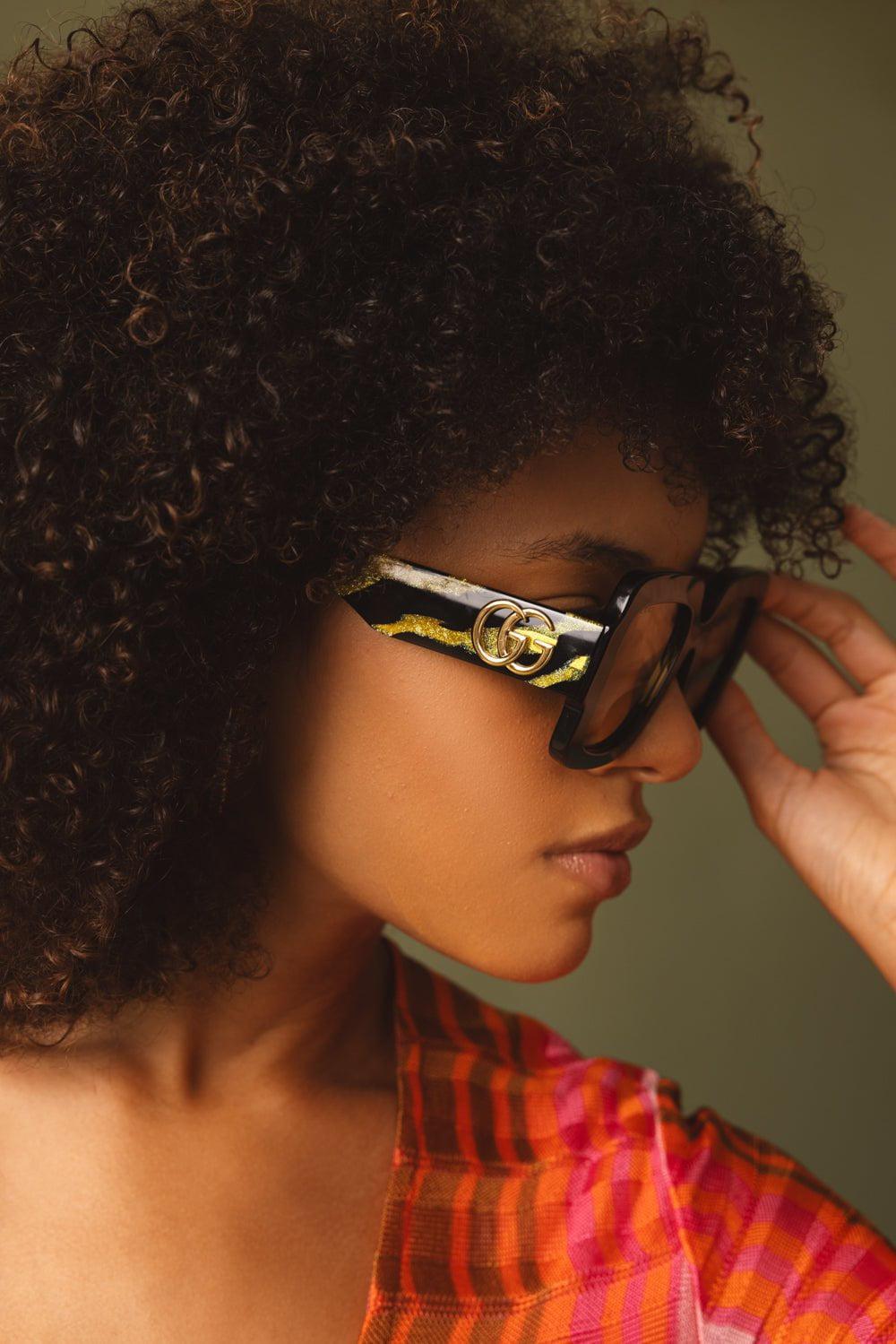 GUCCI-Square Frame Double G Sunglasses-BLKYLWGL