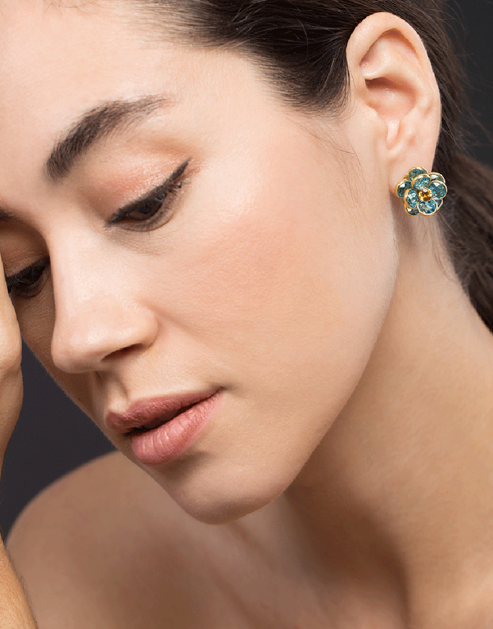 GUITA M-Blue Topaz and Citrine Flower Clip Earrings-YELLOW GOLD