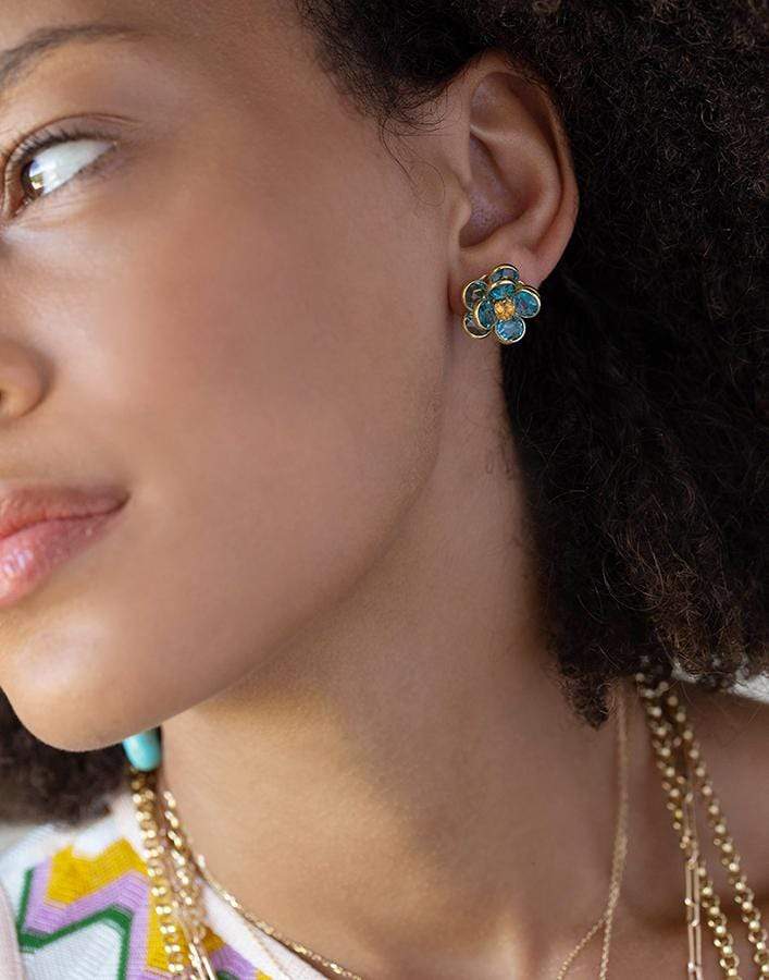 GUITA M-Blue Topaz and Citrine Flower Studs-YELLOW GOLD