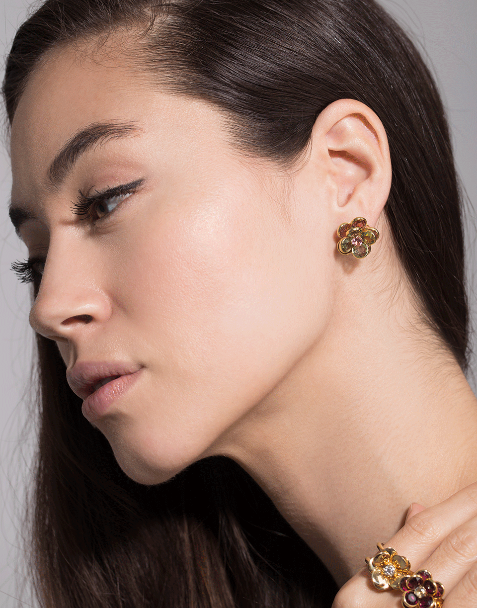 GUITA M-Pink and Green Tourmaline Flower Studs-YELLOW GOLD