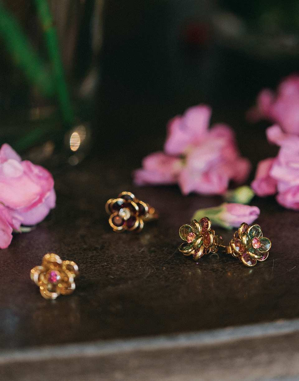 GUITA M-Pink and Green Tourmaline Flower Studs-YELLOW GOLD