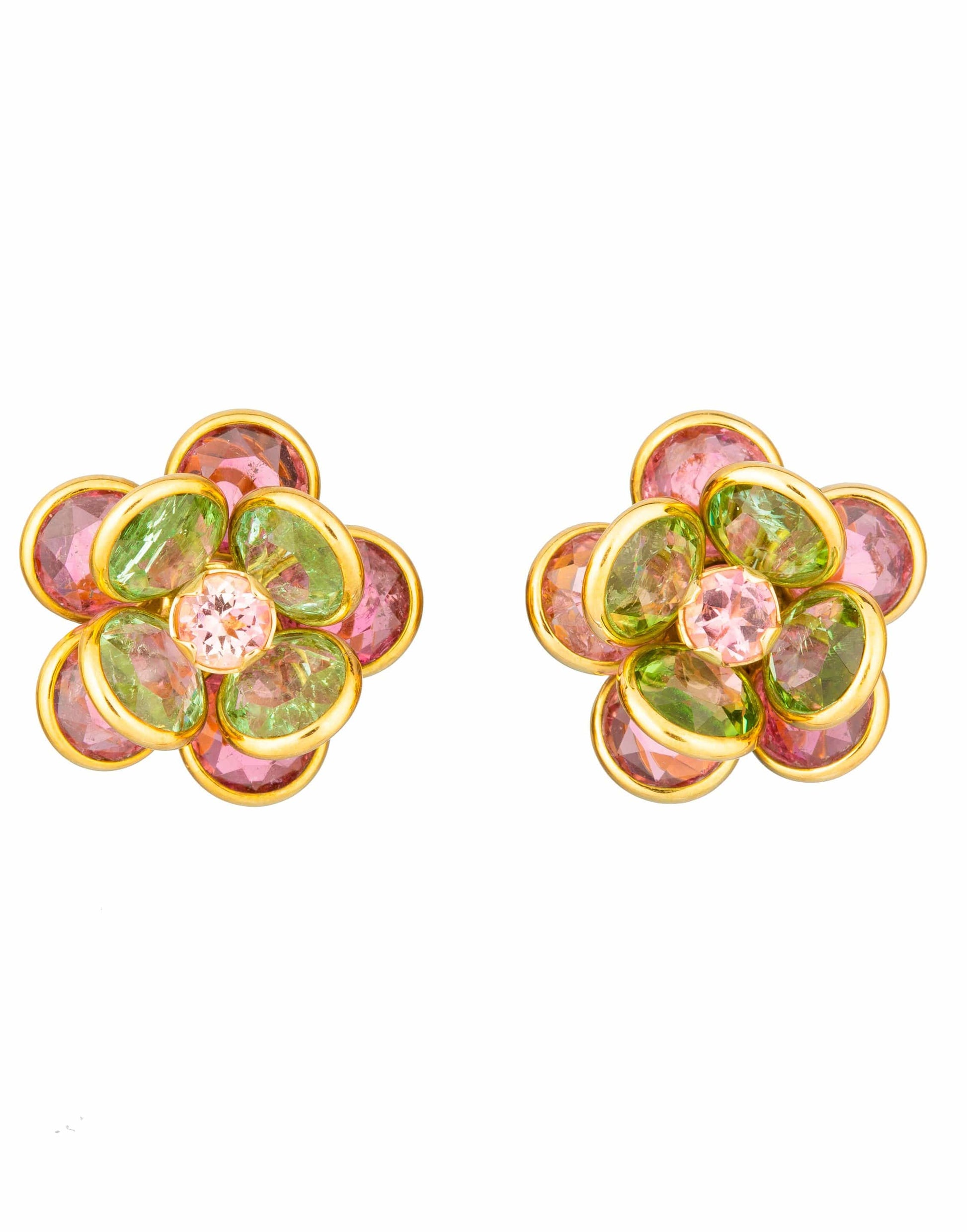 GUITA M-Pink and Green Tourmaline Flower Studs-YELLOW GOLD