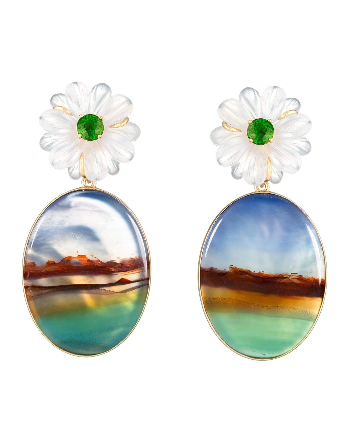 GUITA M-Quartz and Stripe Agate Flower Earrings-YELLOW GOLD
