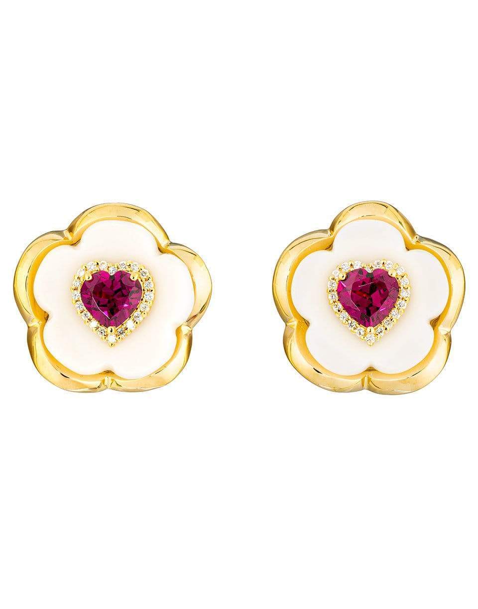 GUITA M-Rhodelite Garnet White Floral Studs-YELLOW GOLD