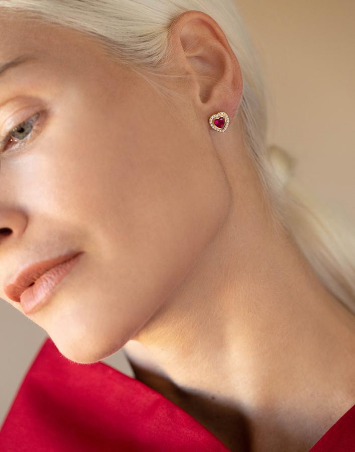 GUITA M-Ruby and Diamond Heart Studs-YELLOW GOLD