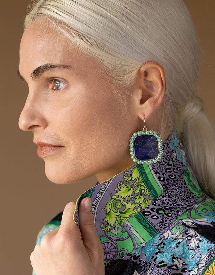 GUITA M-Square Lapis and Turquoise Earrings-YELLOW GOLD