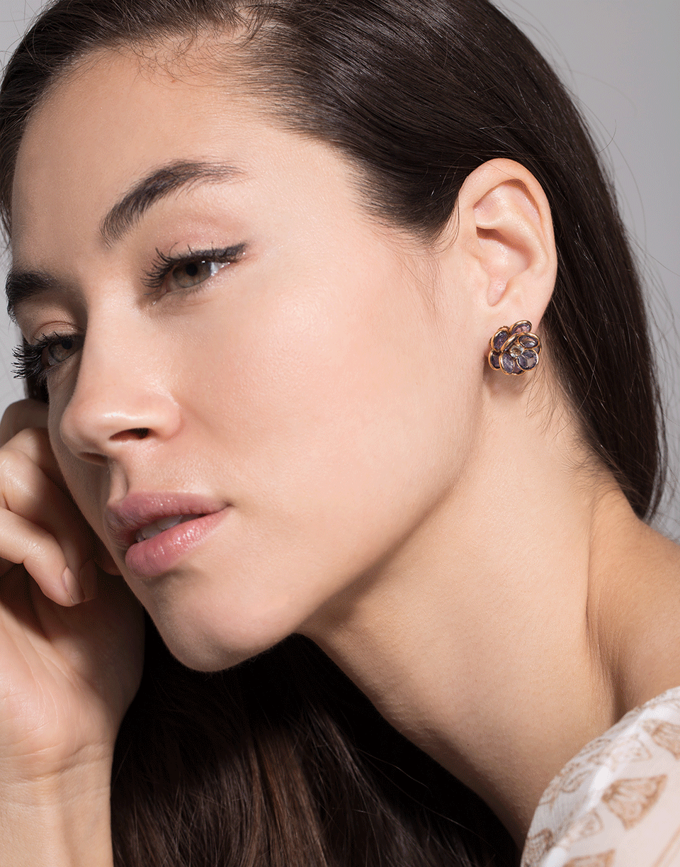 GUITA M-Tanzanite and Aquamarine Flower Studs-YELLOW GOLD
