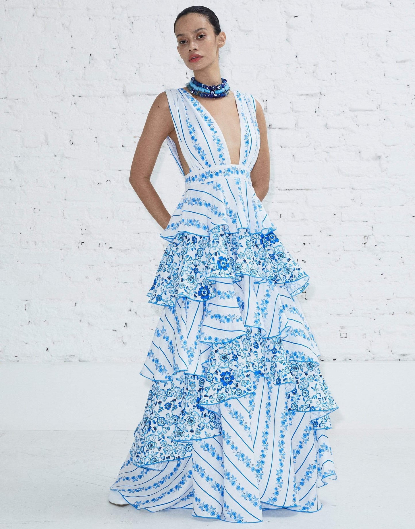 GUL HURGEL-Blue Iznik Sleeveless Ruffle Dress-