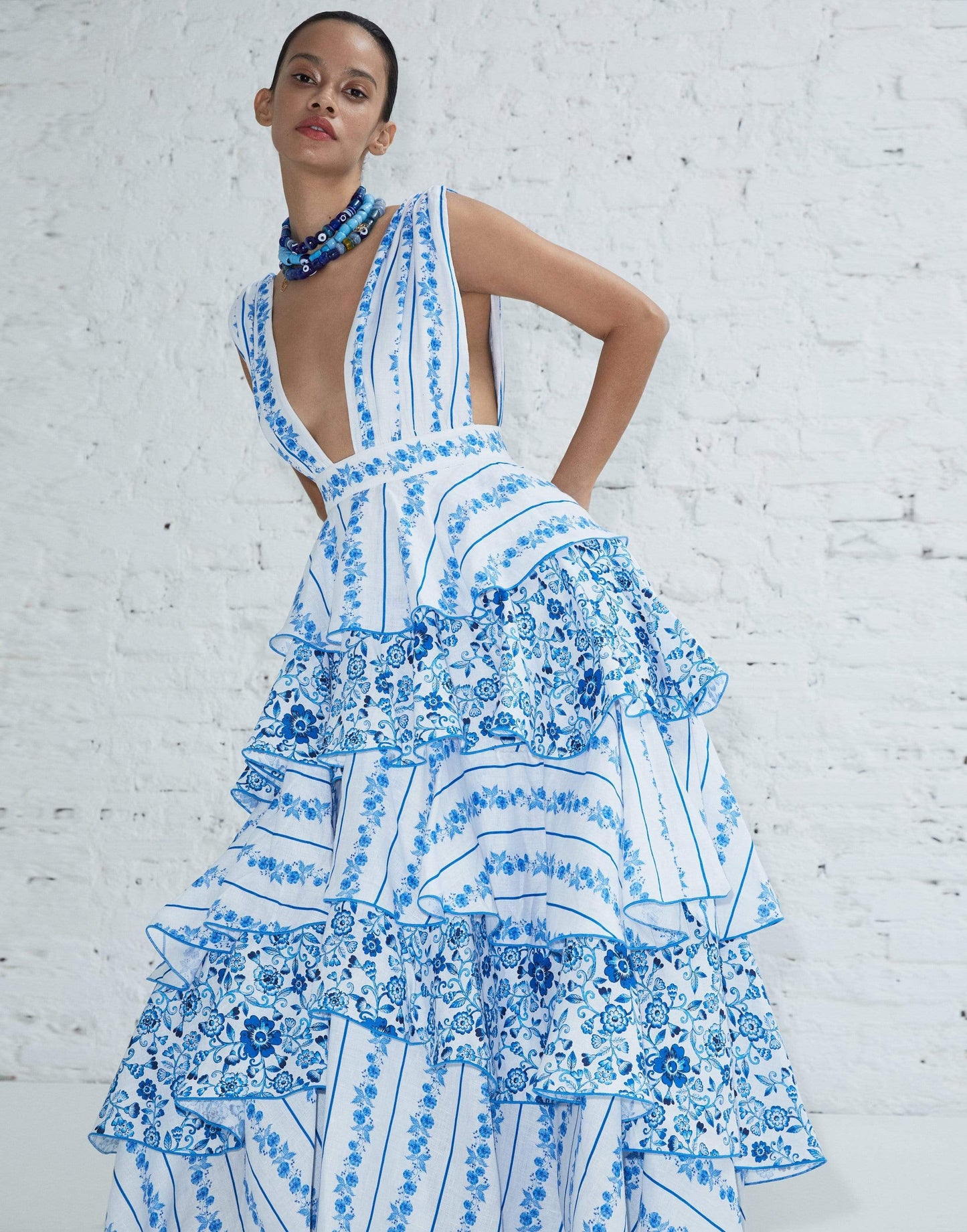 GUL HURGEL-Blue Iznik Sleeveless Ruffle Dress-