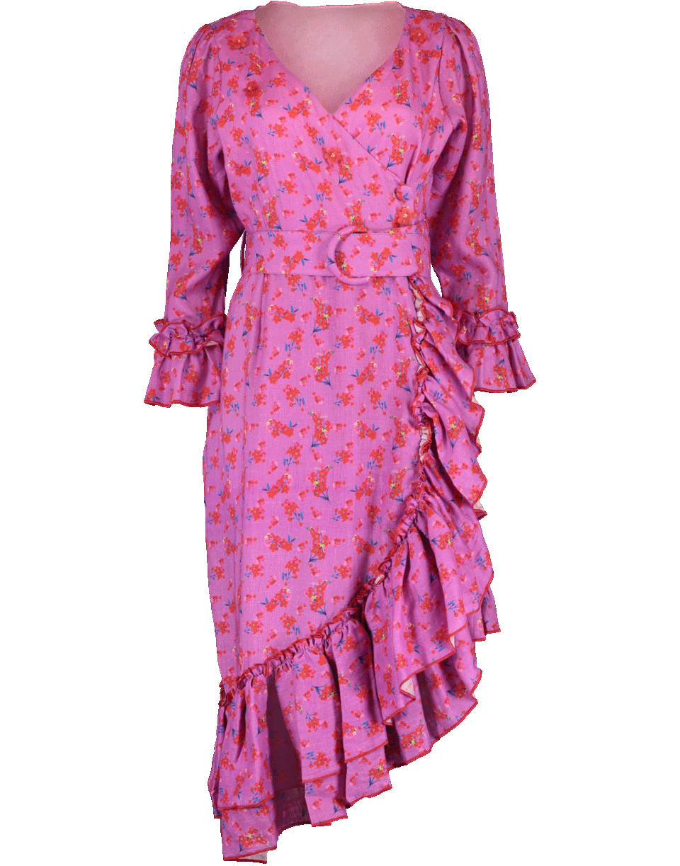 GUL HURGEL-Floral Ruffle Linen Wrap Dress-