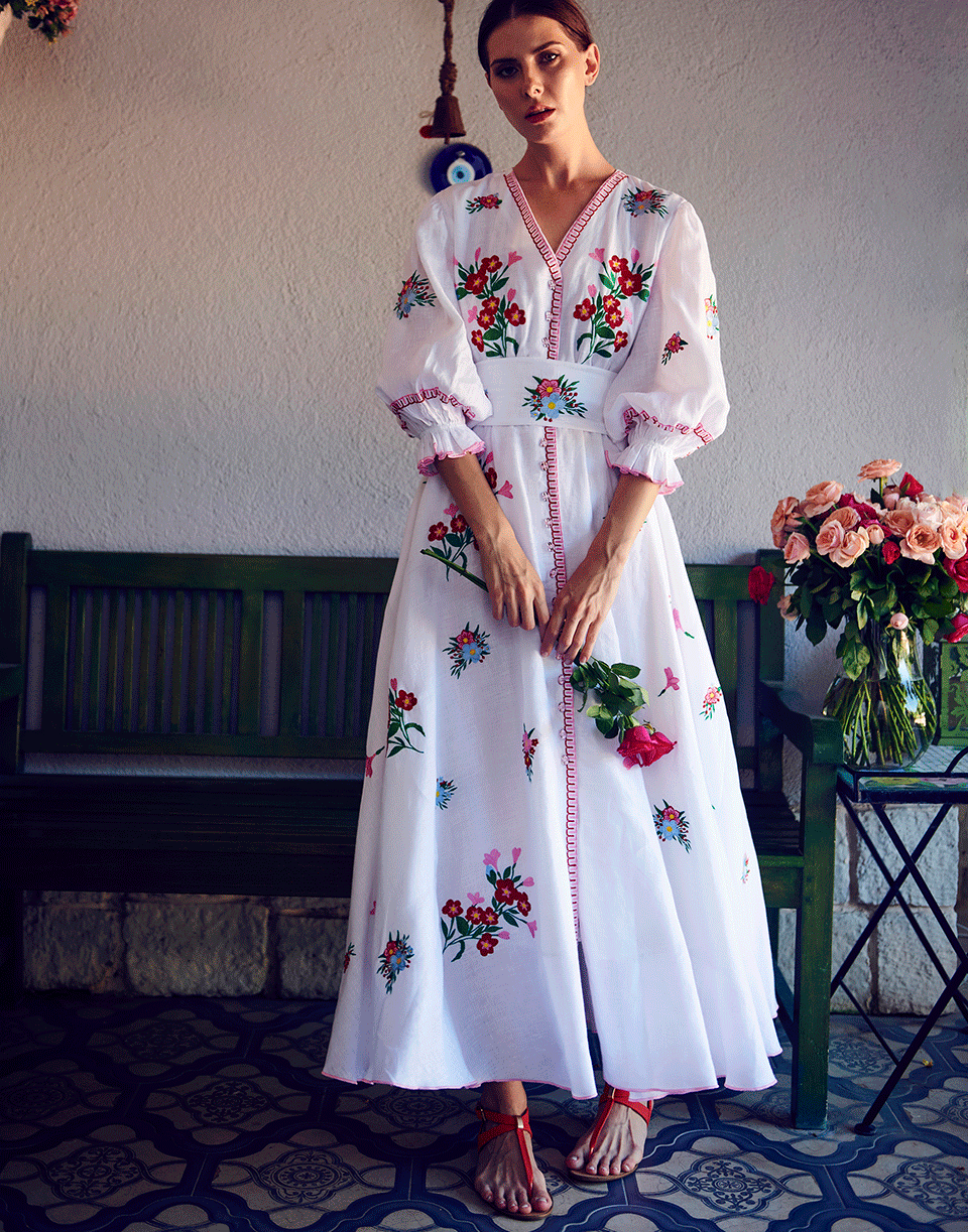 GUL HURGEL-Floral Embroidered Midi Dress-WHITE