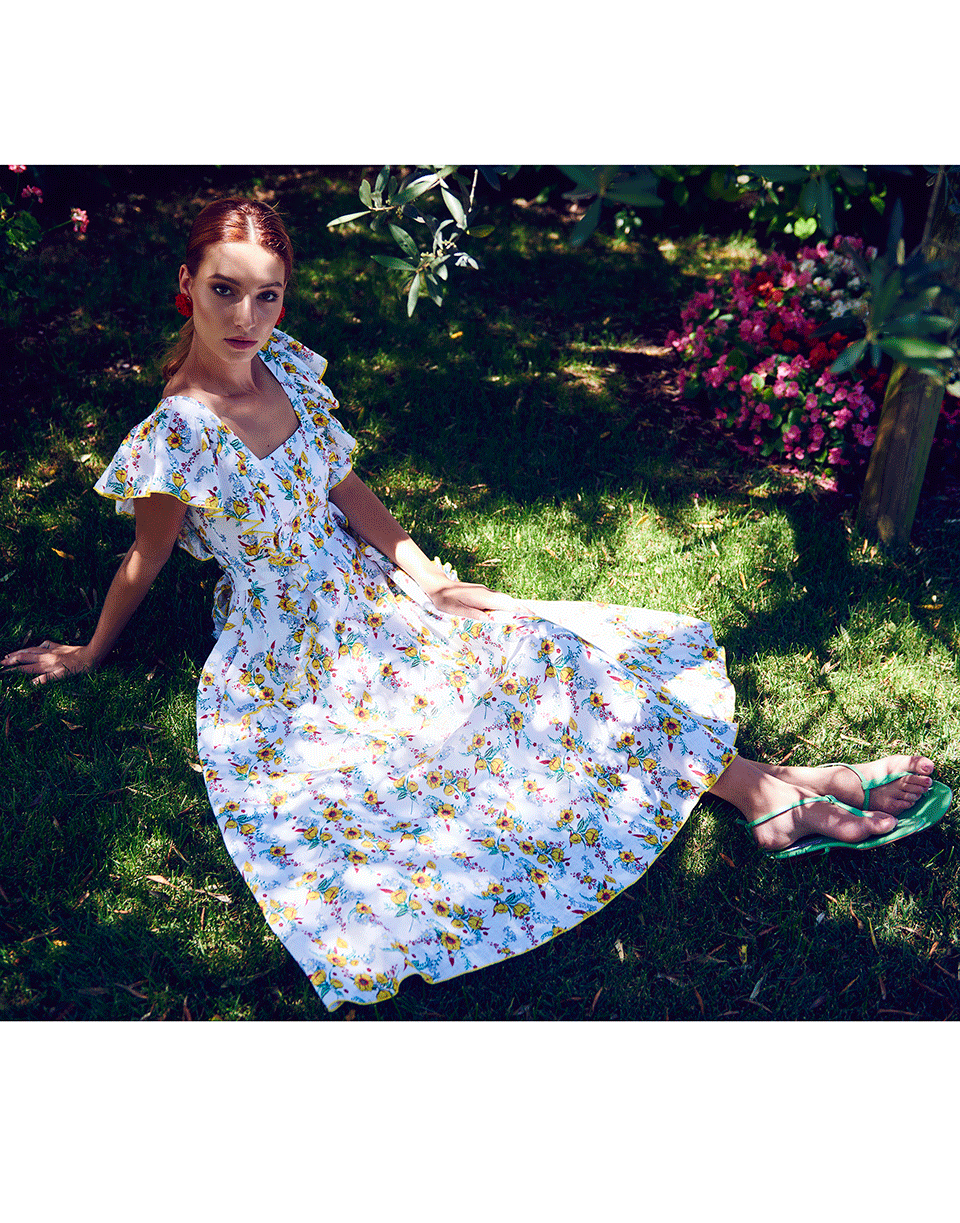 GUL HURGEL-Ruffle Sleeve Daisy Print Midi Dress-