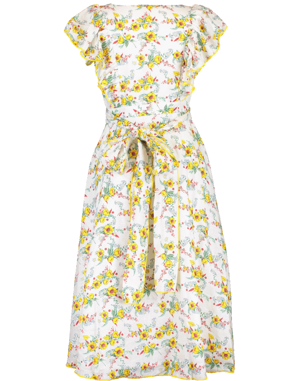GUL HURGEL-Ruffle Sleeve Daisy Print Midi Dress-