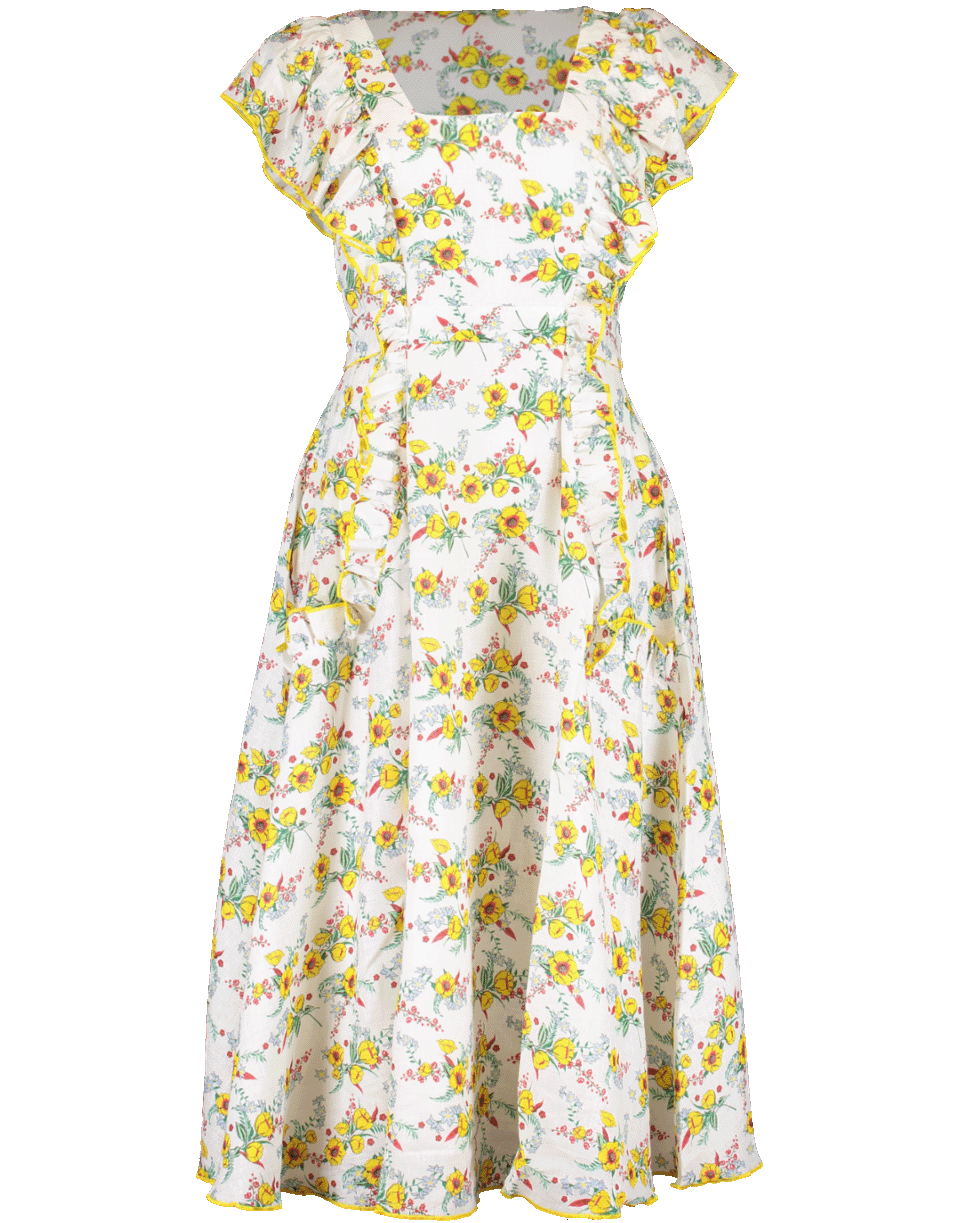 GUL HURGEL-Ruffle Sleeve Daisy Print Midi Dress-