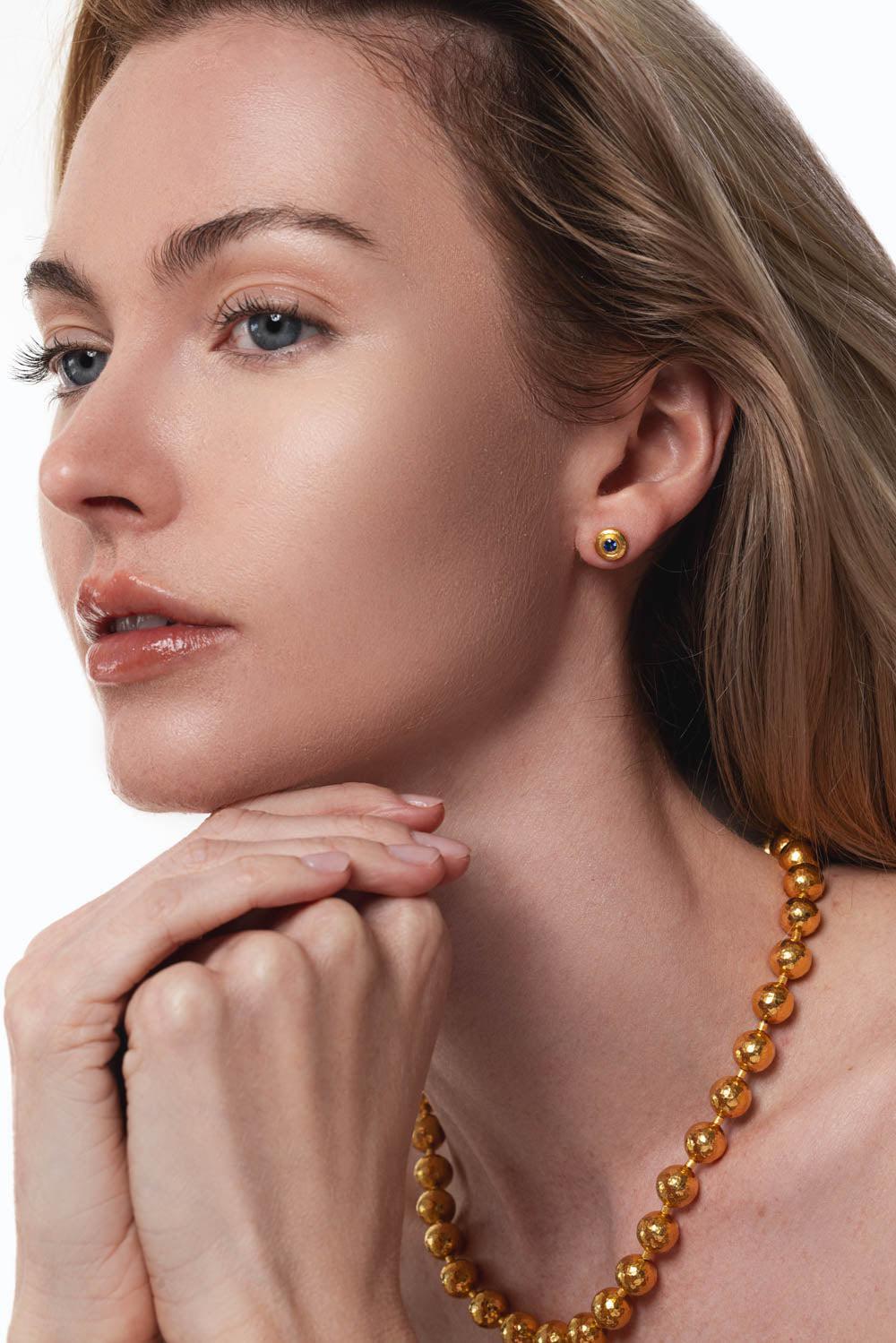 GURHAN-Blue Sapphire Round Stud Earrings-YELLOW GOLD
