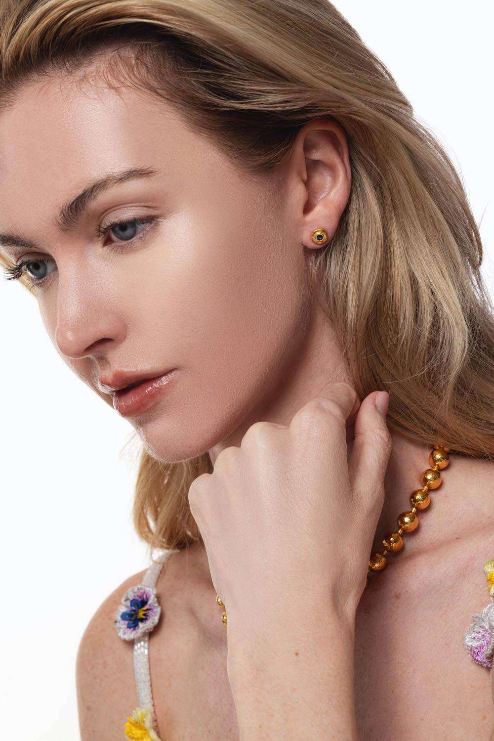 GURHAN-Blue Sapphire Round Stud Earrings-YELLOW GOLD
