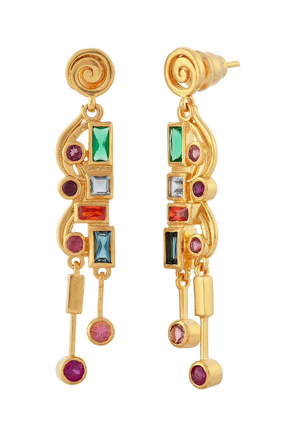 GURHAN-Mixed Stone Long Drop Earrings-YELLOW GOLD