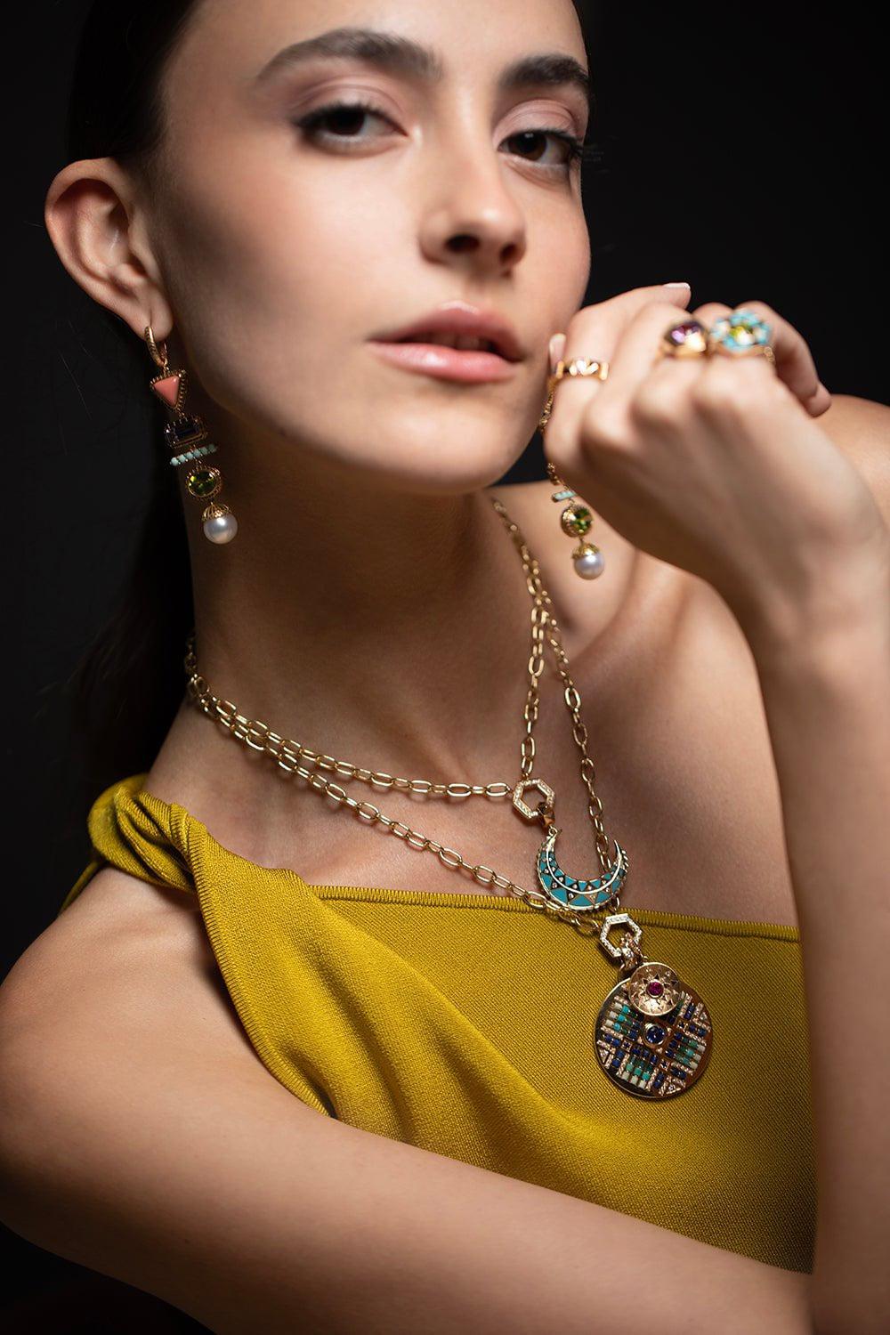 HARWELL GODFREY-5 Stone Totem Drop Earrings-YELLOW GOLD
