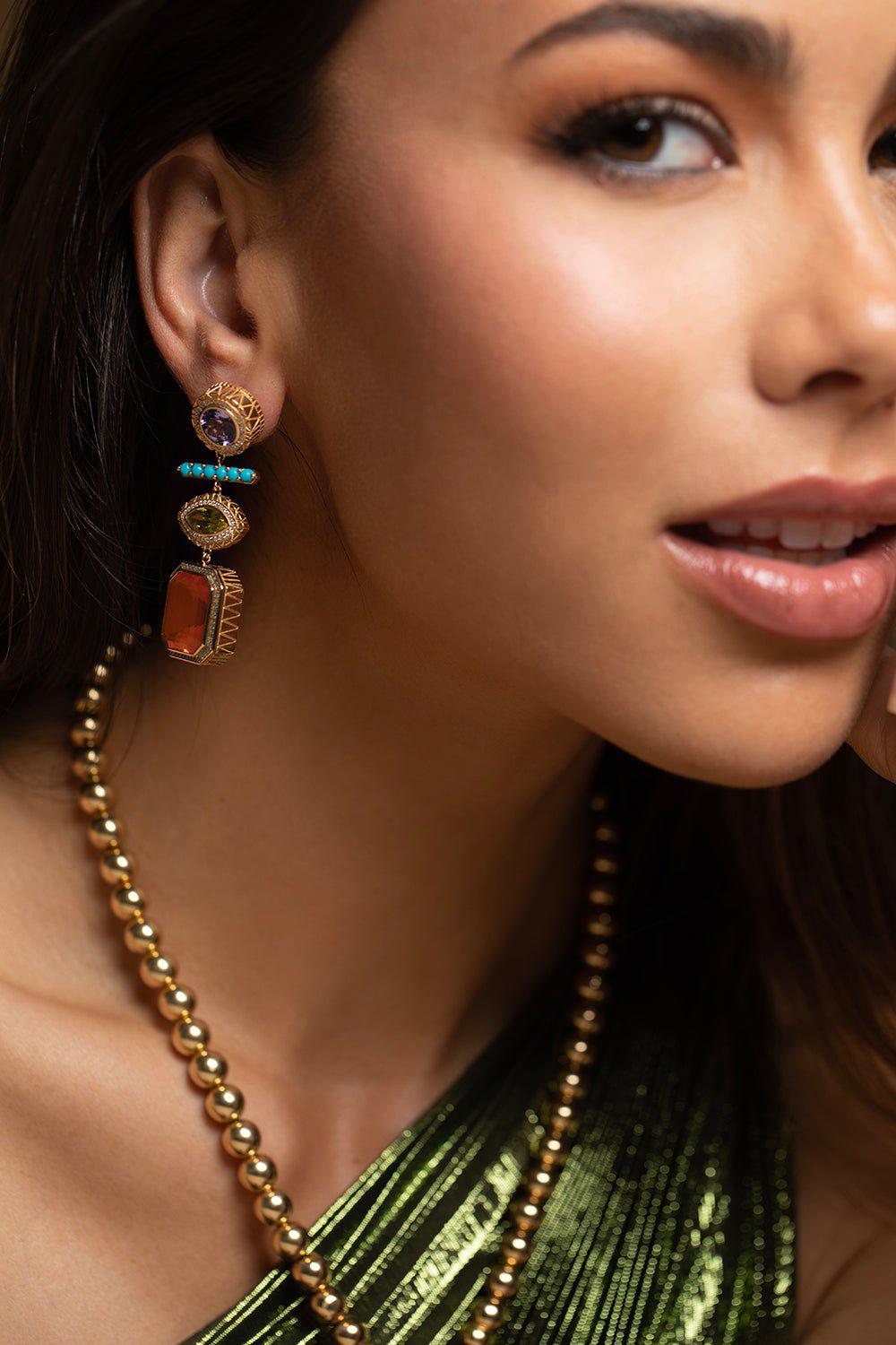 HARWELL GODFREY-Fire Opal Turquoise Drop Earrrings-YELLOW GOLD
