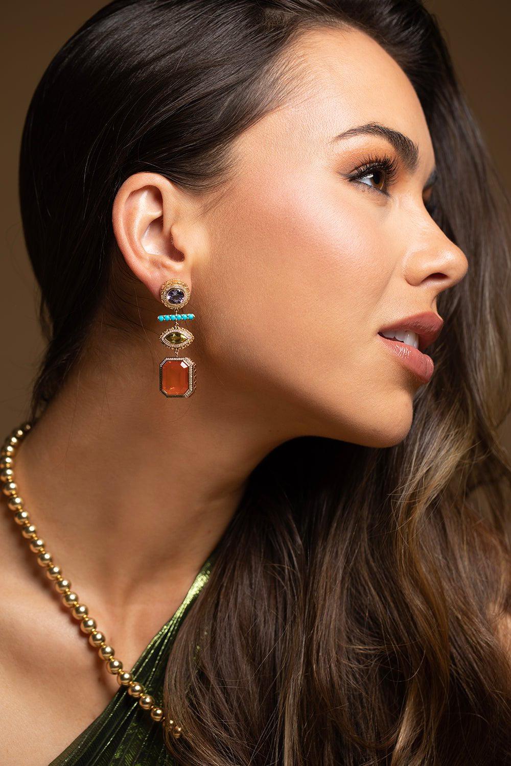 HARWELL GODFREY-Fire Opal Turquoise Drop Earrrings-YELLOW GOLD