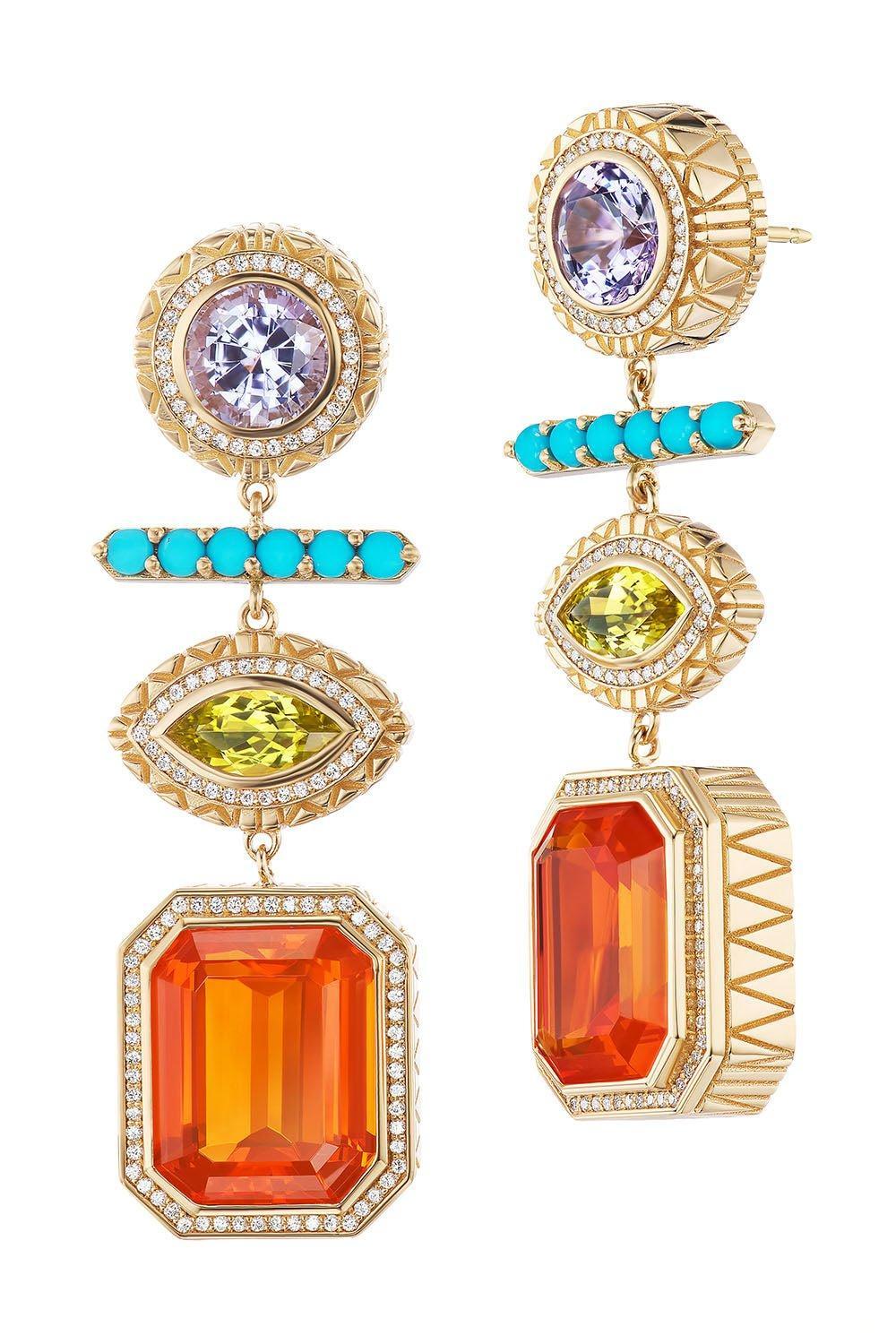 HARWELL GODFREY-Fire Opal Turquoise Drop Earrrings-YELLOW GOLD