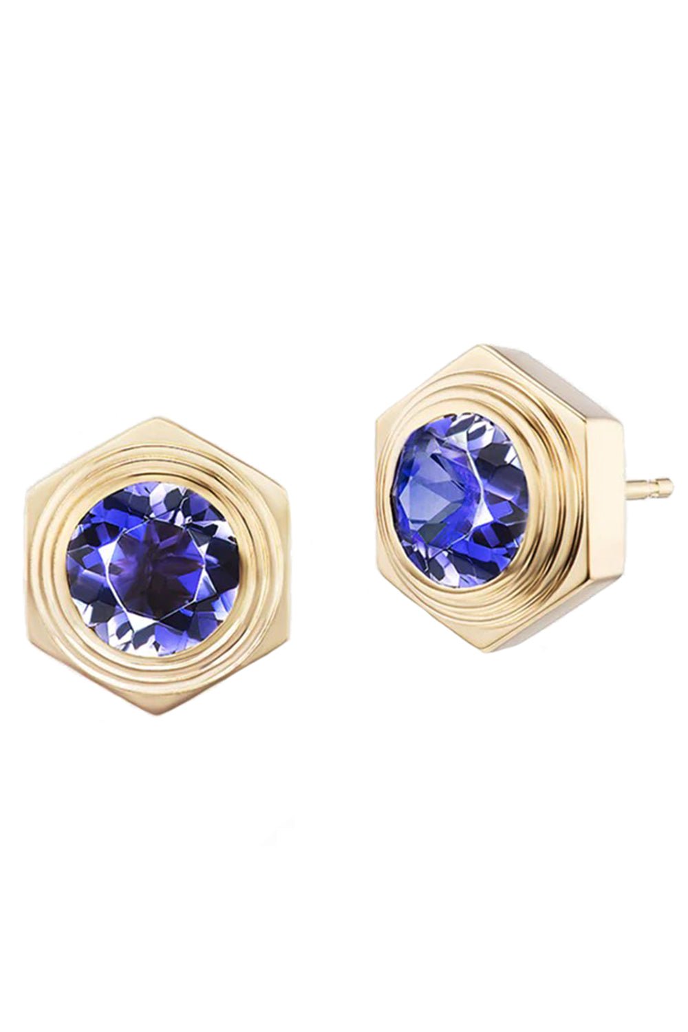 HARWELL GODFREY-Hexed Iolite Stud Earrings-YELLOW GOLD