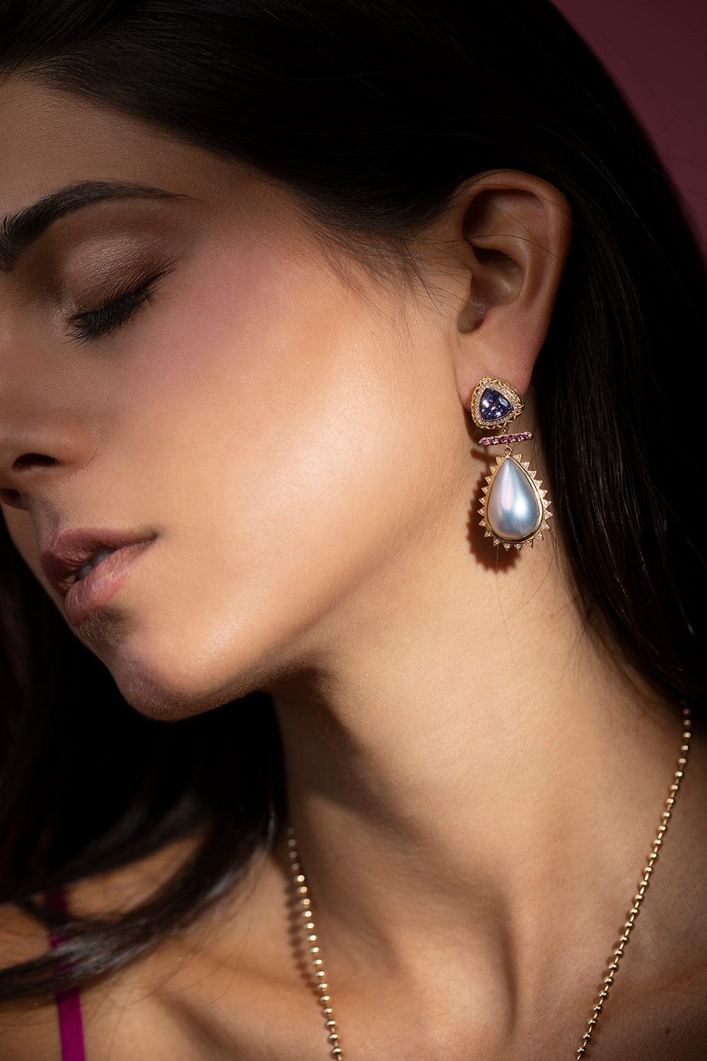 HARWELL GODFREY-Pearl and Tanzanite Earrings-YELLOW GOLD