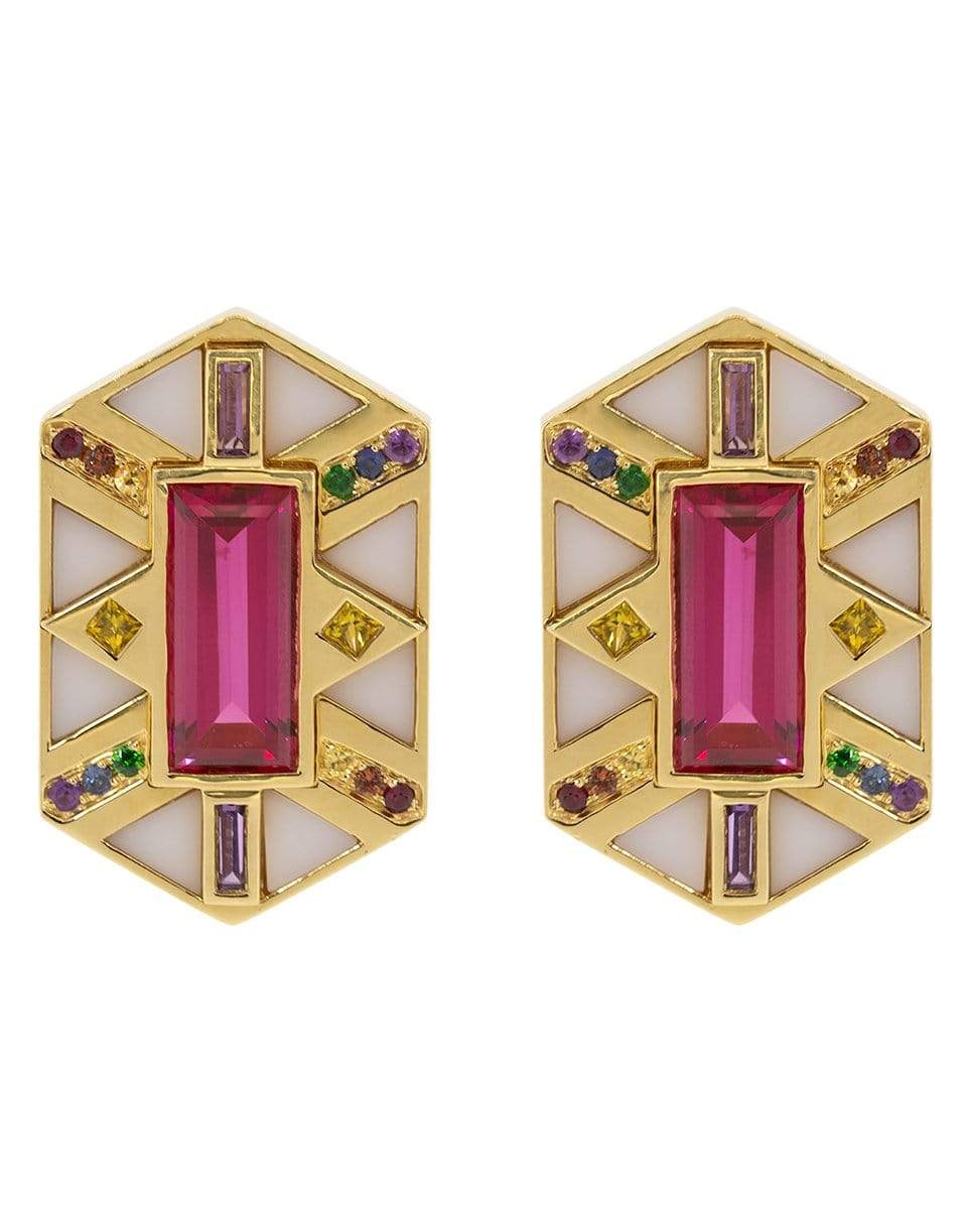 HARWELL GODFREY-Rainbow Sapphire and White Onyx Hexagon Earrings-YELLOW GOLD