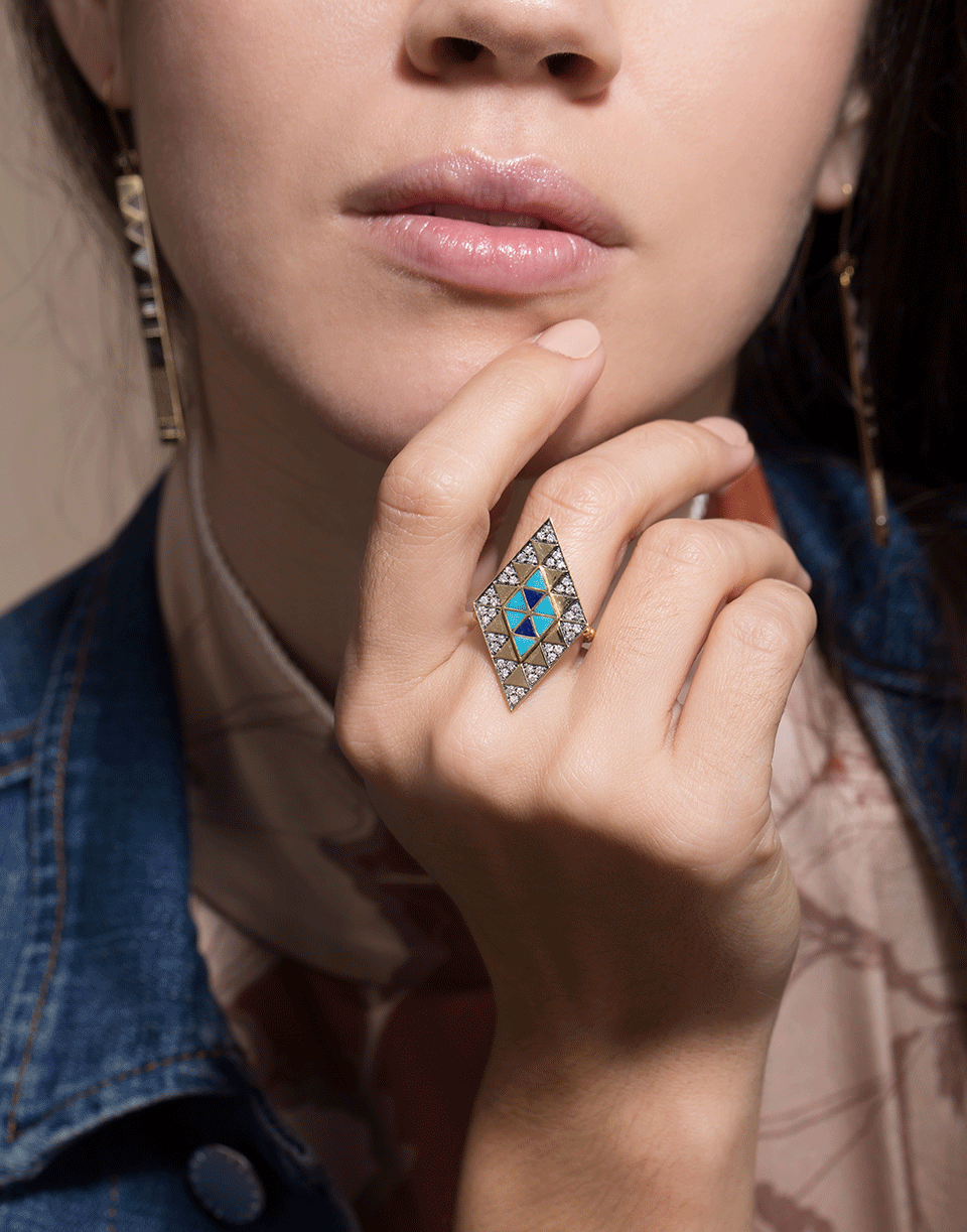 HARWELL GODFREY-Lapis, Turquoise, and Diamond Inlay Shield Ring-YELLOW GOLD