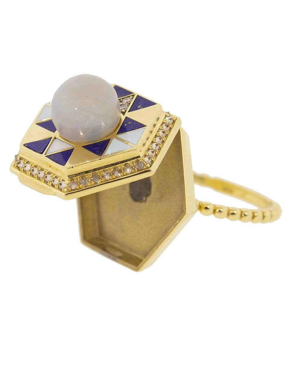 HARWELL GODFREY-Pearl Top Lapis and Diamond Poison Ring-YELLOW GOLD