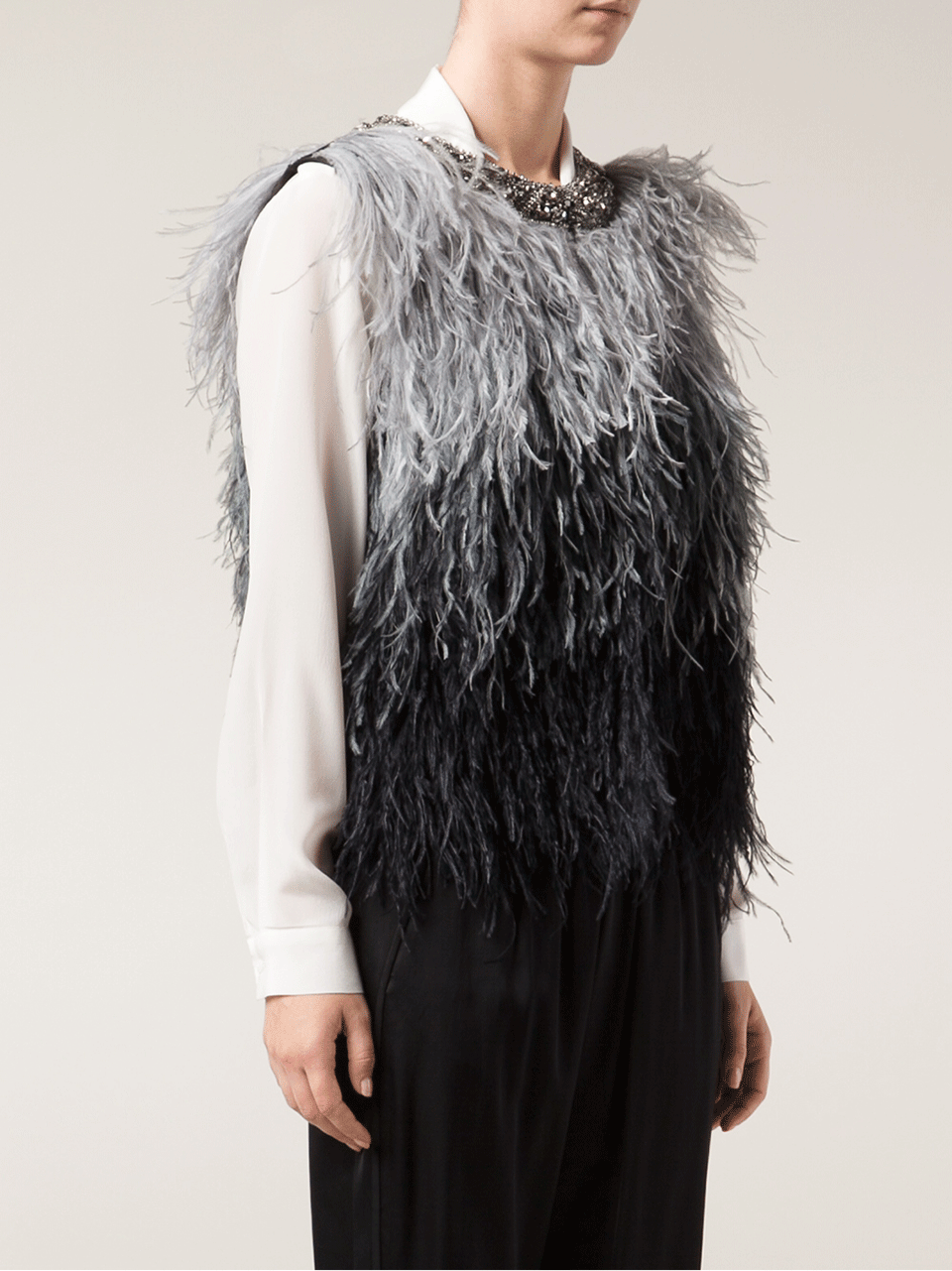 HAUTE HIPPIE-Ostrich Ombre Feather Vest-CHARCOAL
