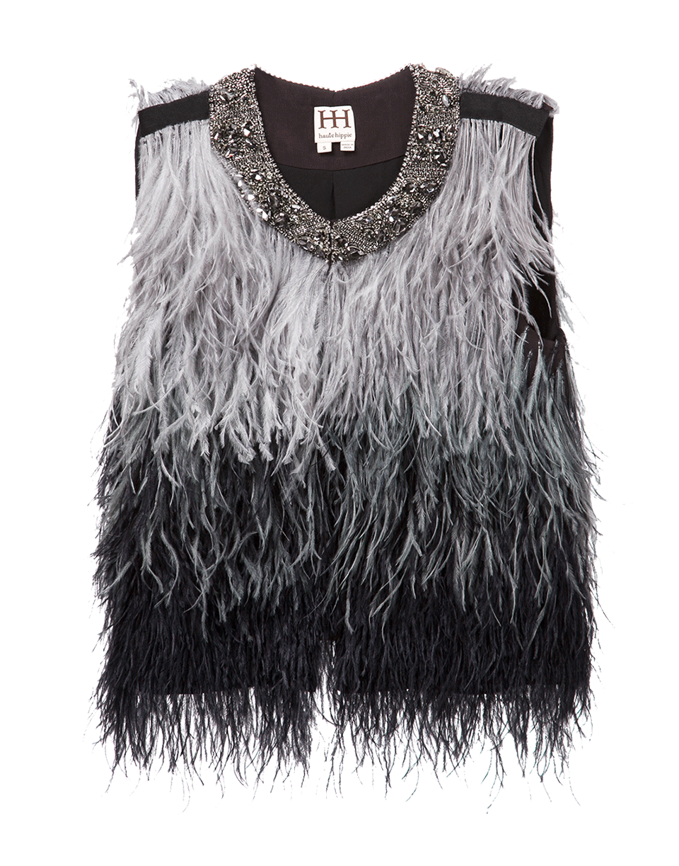 HAUTE HIPPIE-Ostrich Ombre Feather Vest-CHARCOAL
