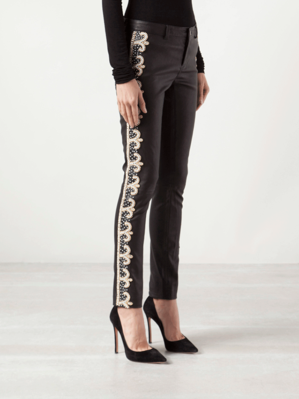 HAUTE HIPPIE-Pearl Embellished Leather Pants-