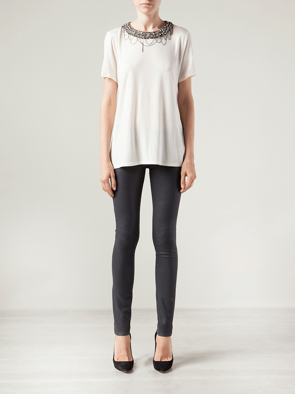 HAUTE HIPPIE-Short Sleeve Tee with Embellished Neckline-