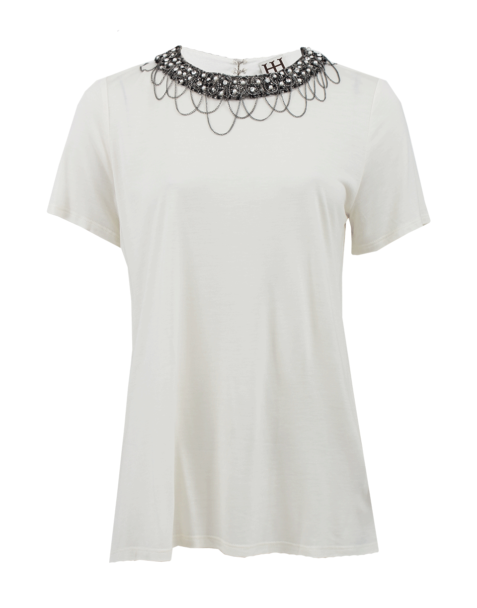 HAUTE HIPPIE-Short Sleeve Tee with Embellished Neckline-