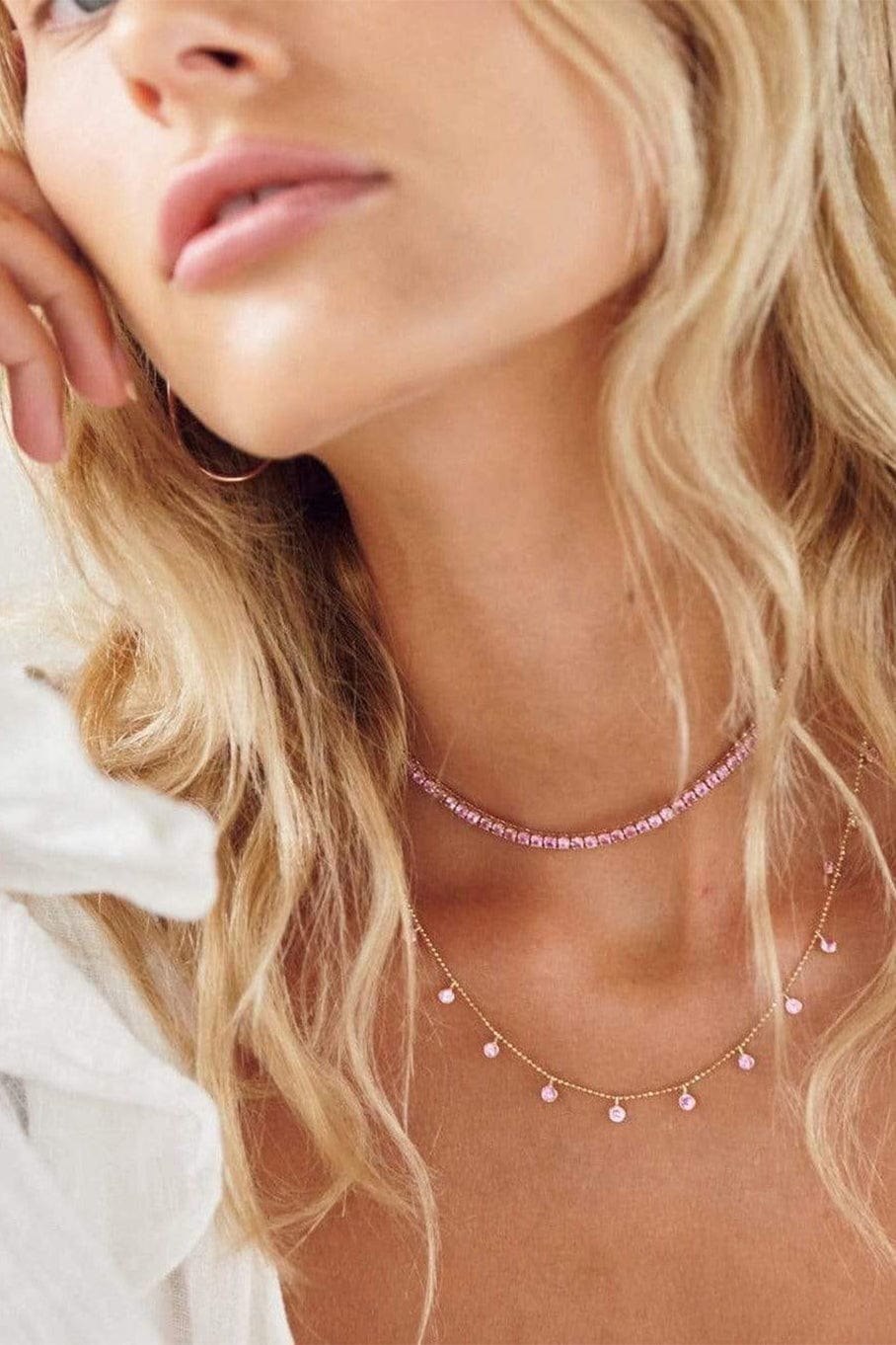 HENRI NOEL-Pink Sapphire Drop Station Necklace-YELLOW GOLD