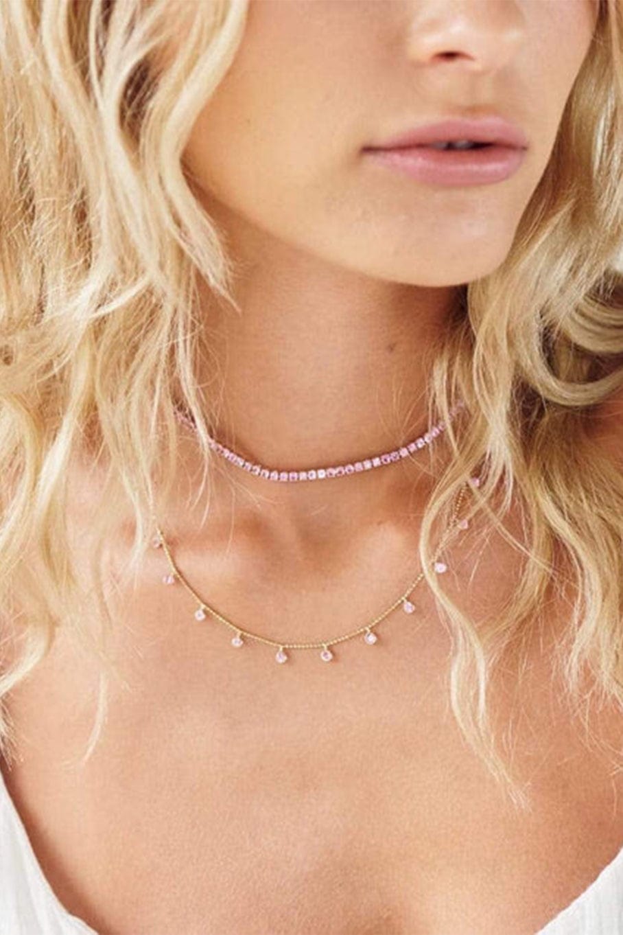 HENRI NOEL-Pink Sapphire Drop Station Necklace-YELLOW GOLD
