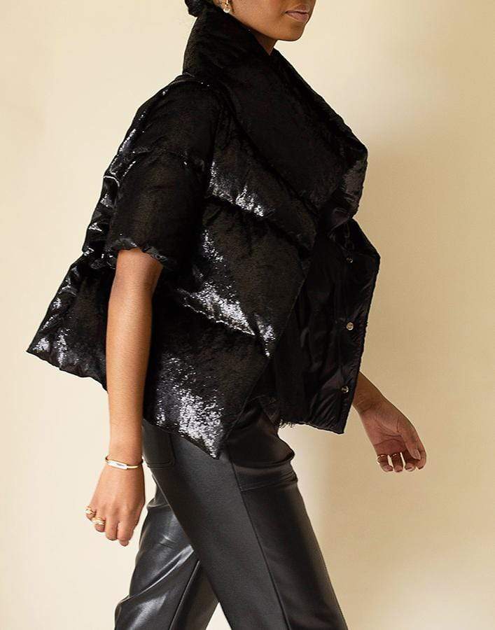 HERNO-Black Short Sleeve Crystal Velvet Jacket-