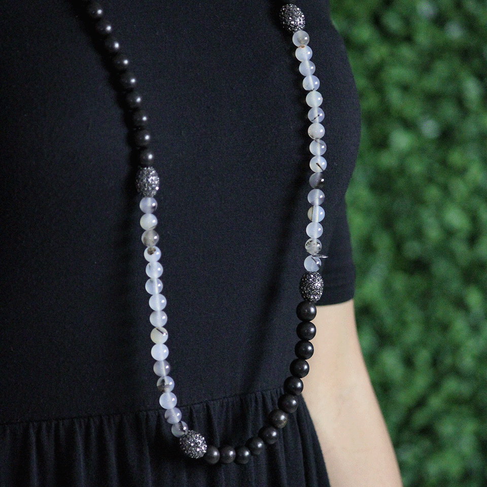 HIPCHIK-Wood And Clear Quartz Necklace-WHT/BLK