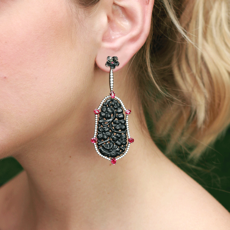 INBAR-Carved Black Jade Earrings-WHITE GOLD