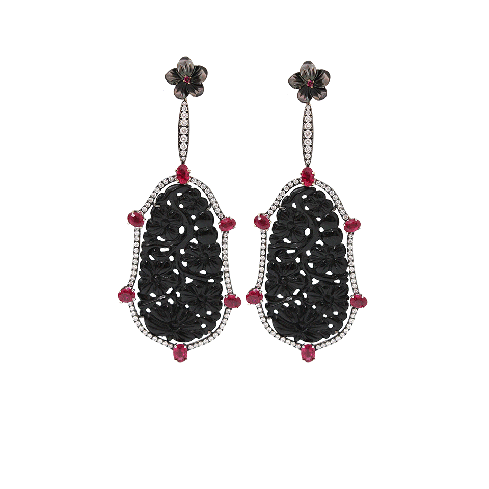INBAR-Carved Black Jade Earrings-WHITE GOLD