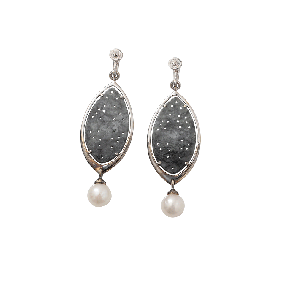 INBAR-Carved Grey Jade And Pearl Earrings-WHITE GOLD