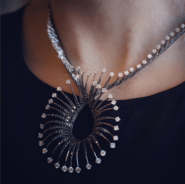 INBAR-Black And White Diamond Twist Necklace-WHITE GOLD