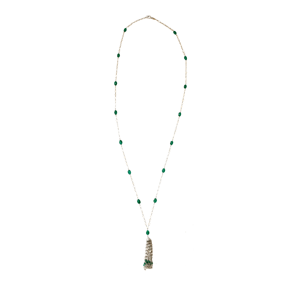 INBAR-Emerald And Diamond Tassel Necklace-WHITE GOLD