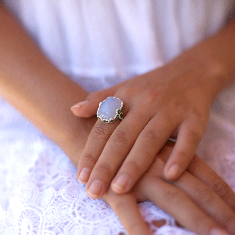 INBAR-Cabochon Chalcedony Ring-WHITE GOLD