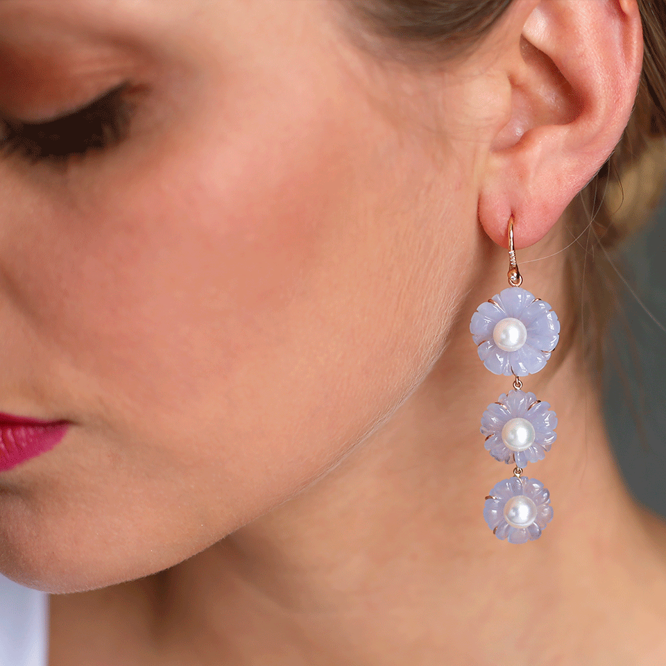 IRENE NEUWIRTH JEWELRY-Blue Chalcedony Carved Flower Earrings-ROSE GOLD
